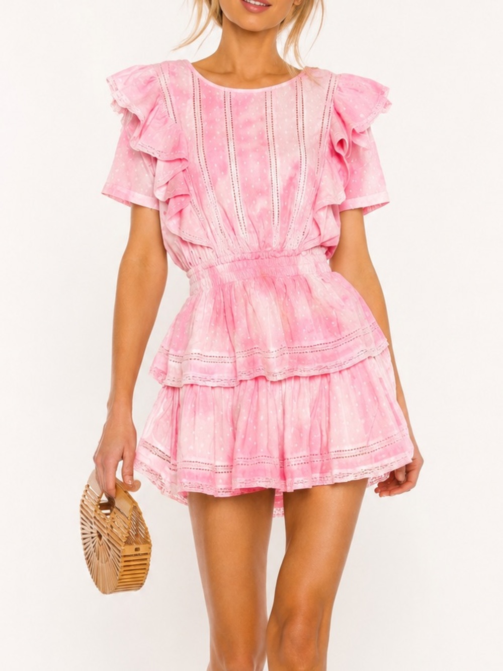 LoveShackFancy Tie Dye Pink Ruffle Tiered Mini Dress